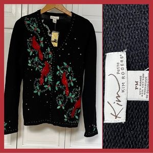 Christmas Cardigan embroidered Appliquéd Sequins Beaded Cardinals Size PM NWT